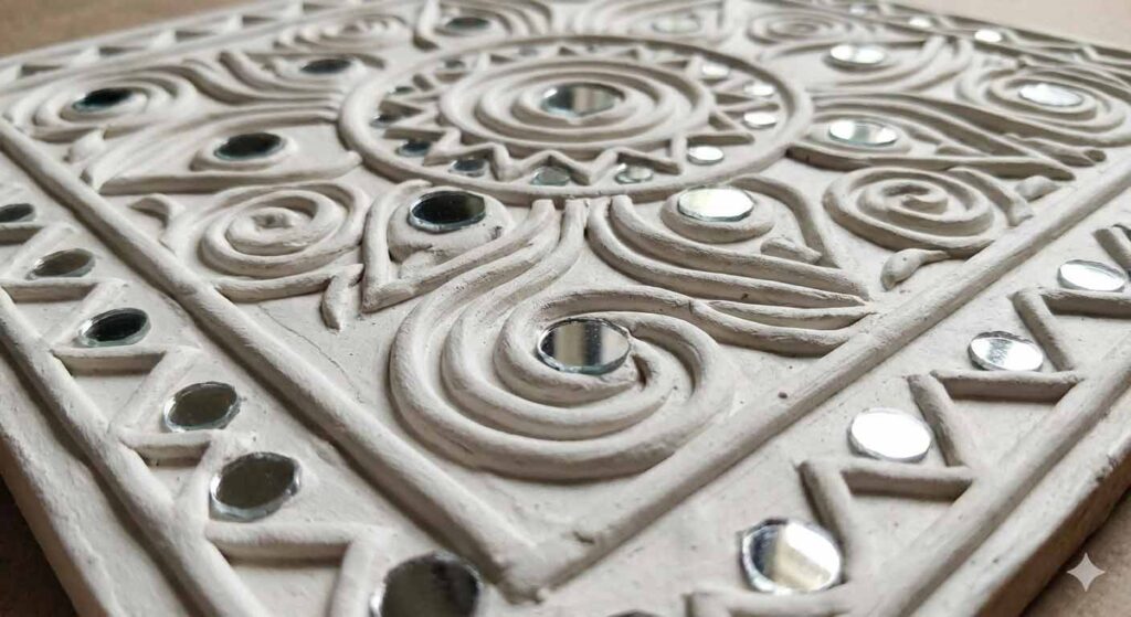 Close-up view of handcrafted Lippan Art showing textured white clay patterns and small circular mirrors.