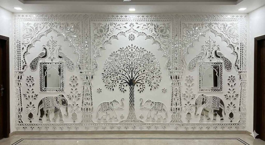 The Radiant Soul of Kutch: A Guide to Lippan Art (Mud and Mirror Work) 2 A large, ornate Lippan art wall mural featuring a Tree of Life, elephants, and peacocks with intricate mirror work.