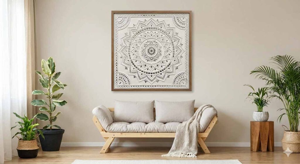 A modern, bohemian living room featuring a large framed Lippan art mandala as a central wall decoration.