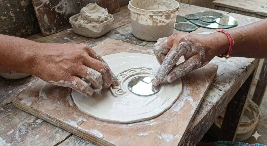 Hands of an artisan crafting a Lippan piece, molding white clay and placing a mirror on a wooden base.