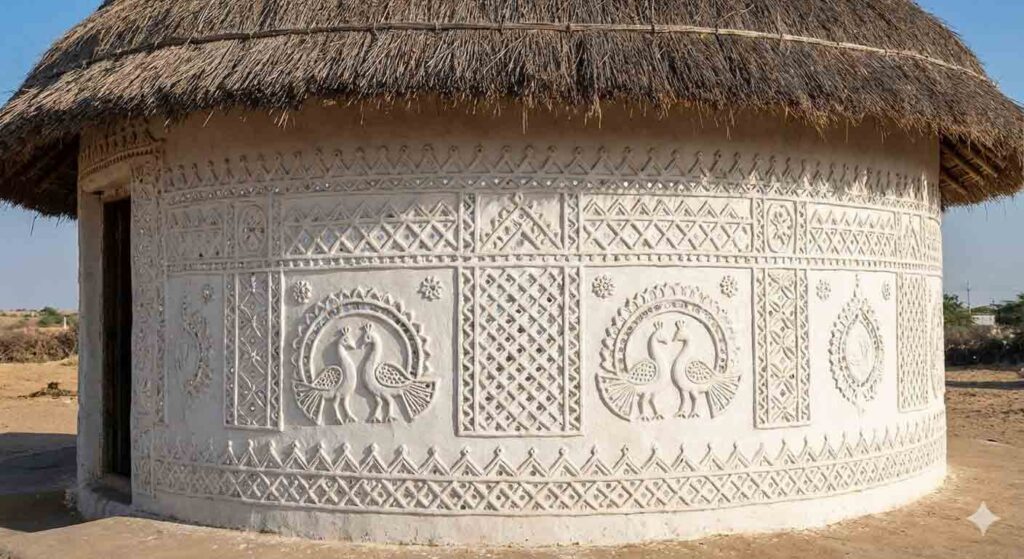 Traditional Bhunga mud hut in Kutch with exterior walls decorated in intricate Lippan Kaam art featuring peacocks.